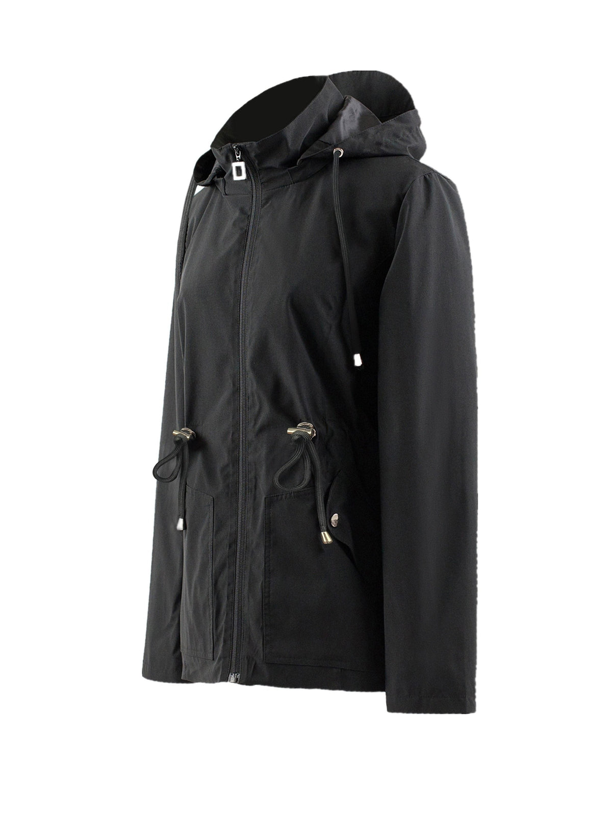 Hooded Zip-Up Rain Jacket with Waist Adjusters