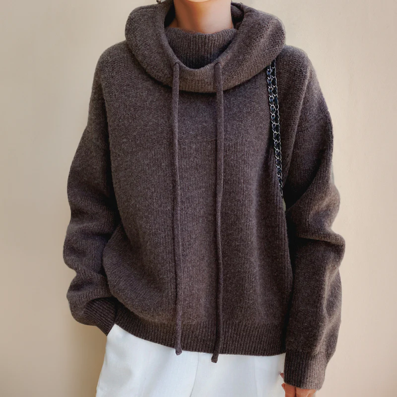 Knit Hooded Sweater with Drawstring and Ribbed Cuffs