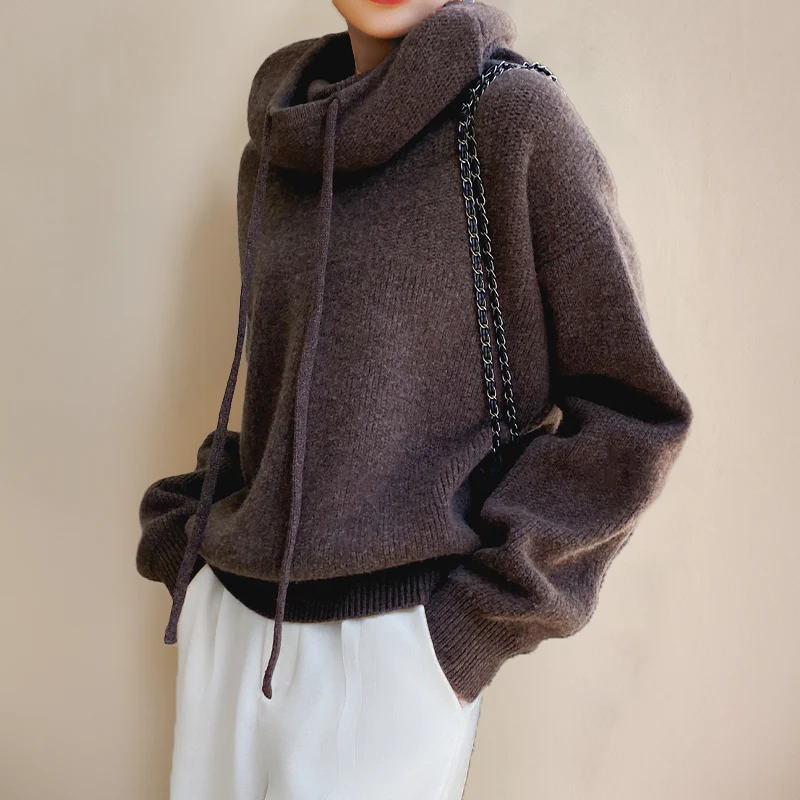 Knit Hooded Sweater with Drawstring and Ribbed Cuffs - Brown