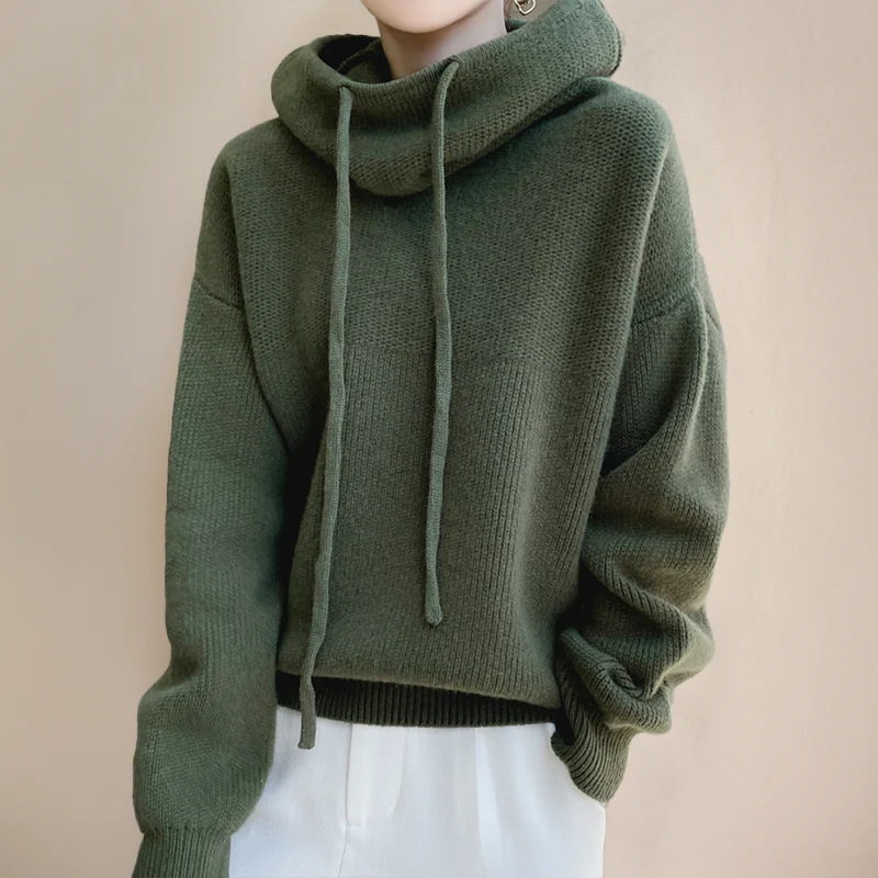 Knit Hooded Sweater with Drawstring and Ribbed Cuffs