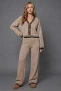 Knit Two Piece Set with Cropped Cardigan and Wide Leg Pants - Khaki