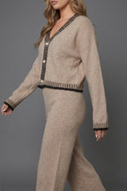 Knit Two Piece Set with Cropped Cardigan and Wide Leg Pants