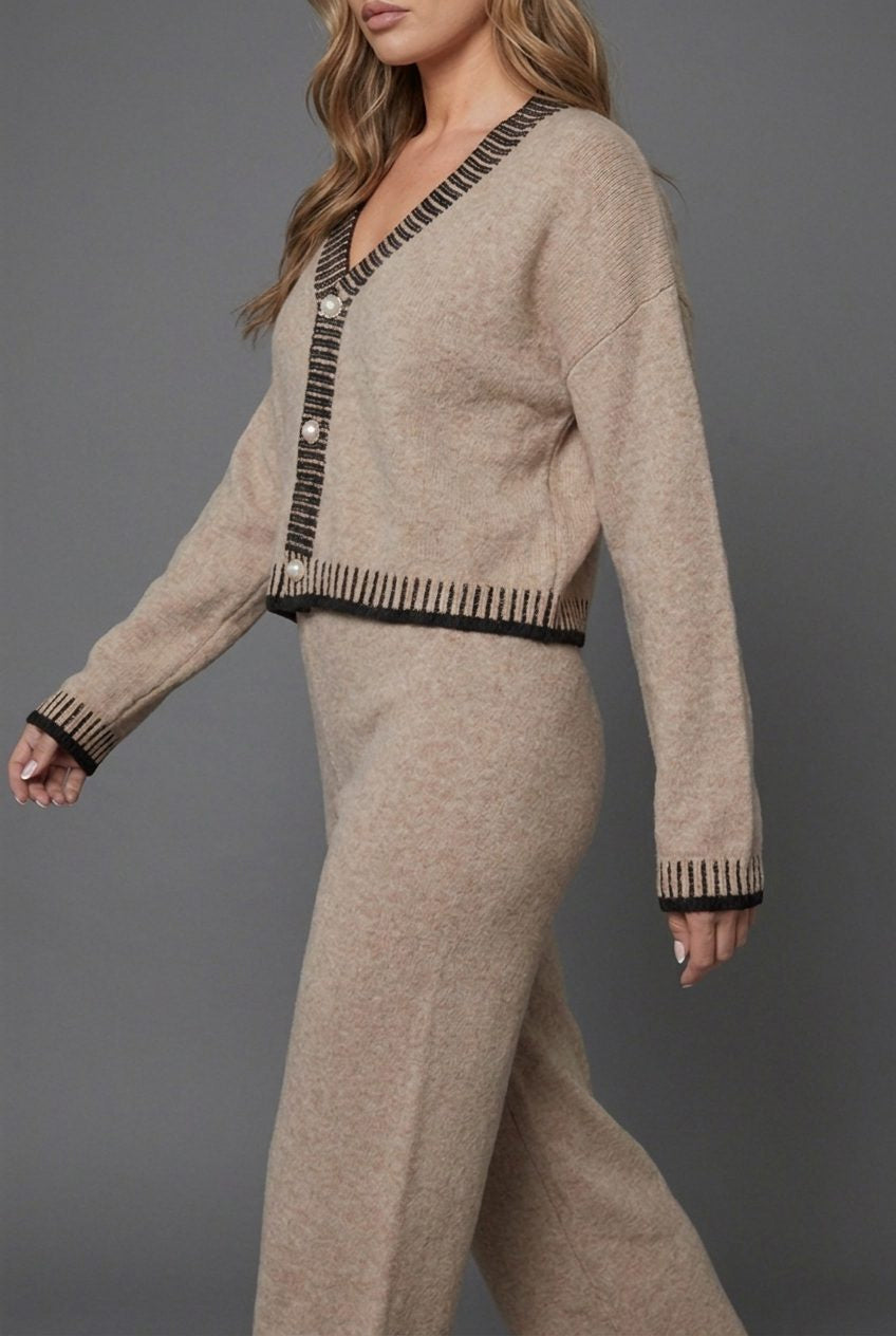 Knit Two Piece Set with Cropped Cardigan and Wide Leg Pants