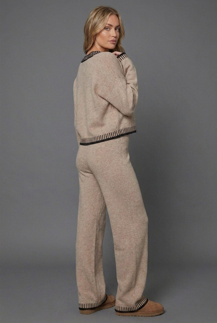 Knit Two Piece Set with Cropped Cardigan and Wide Leg Pants