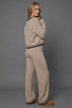Knit Two Piece Set with Cropped Cardigan and Wide Leg Pants