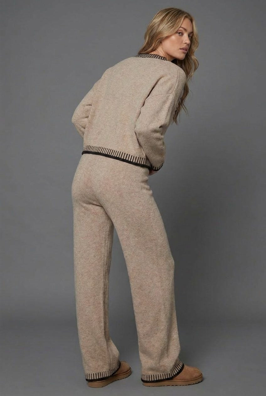 Knit Two Piece Set with Cropped Cardigan and Wide Leg Pants
