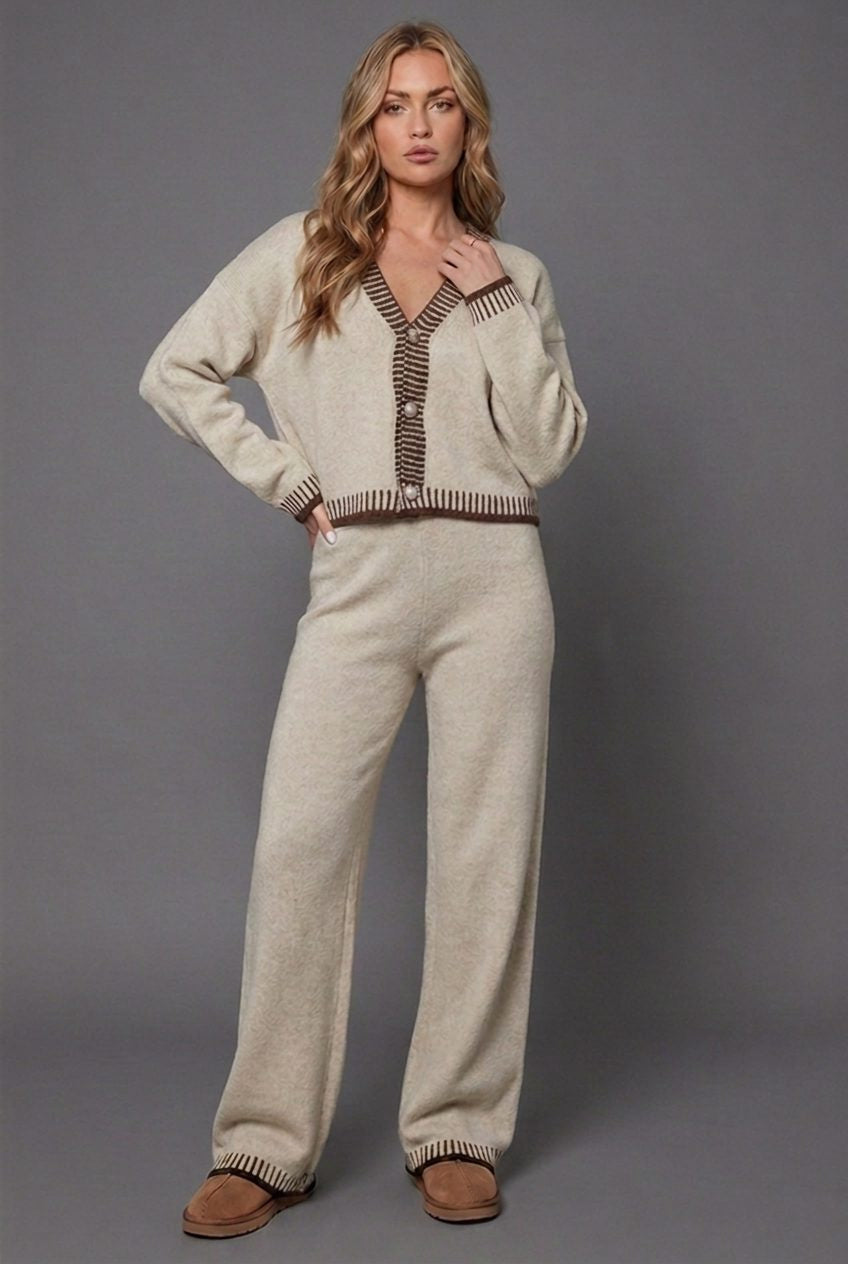 Knit Two Piece Set with Cropped Cardigan and Wide Leg Pants - Beige