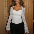 Lace Long Sleeve Top with Bell Sleeves and Round Neck - White