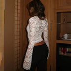 Lace Long Sleeve Top with Bell Sleeves and Round Neck