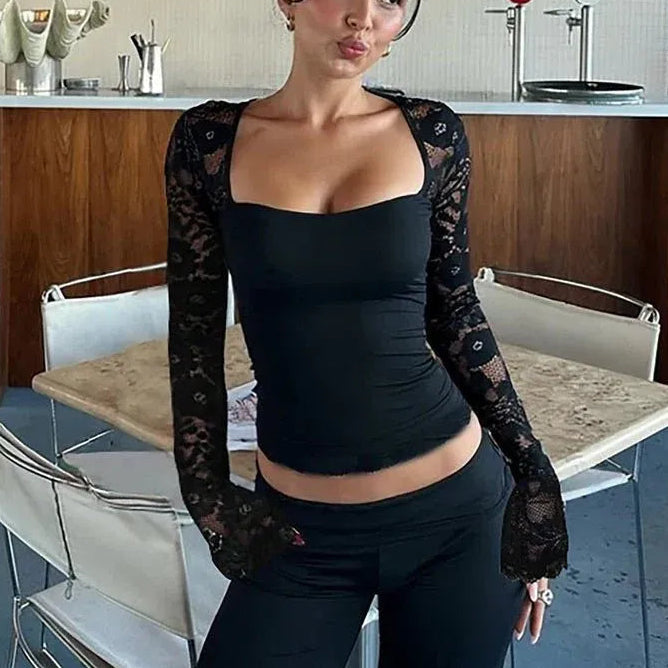 Lace Long Sleeve Top with Bell Sleeves and Round Neck - Black