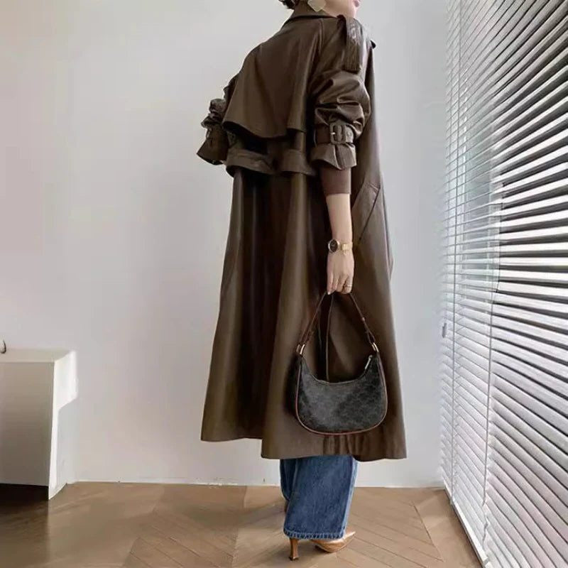 Leather-Look Longline Trench Coat with Tie Belt