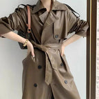 Leather-Look Longline Trench Coat with Tie Belt