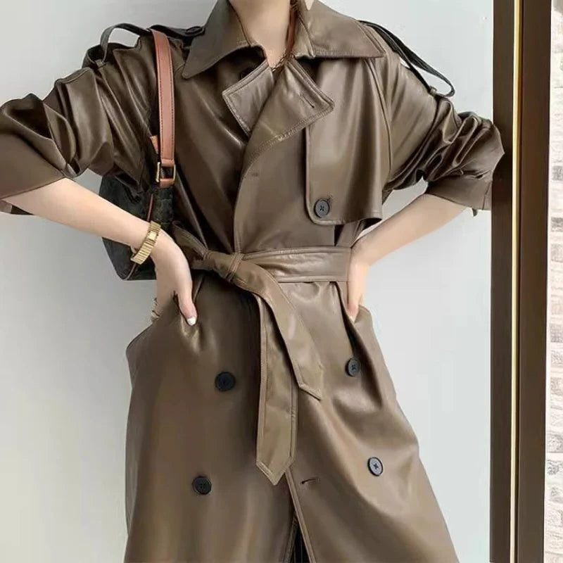 Leather-Look Longline Trench Coat with Tie Belt