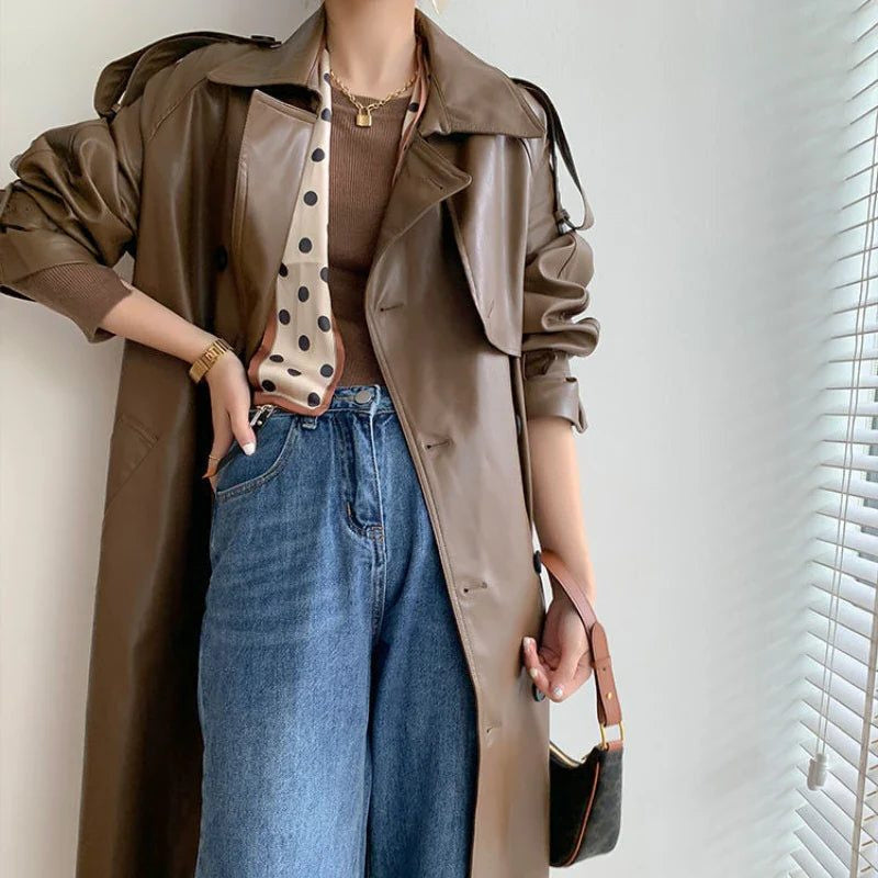 Leather-Look Longline Trench Coat with Tie Belt - Coffee