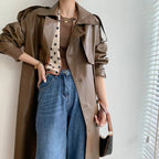 Leather-Look Longline Trench Coat with Tie Belt - Coffee