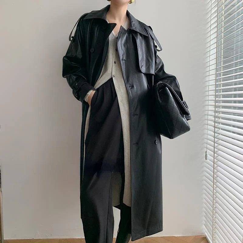 Leather-Look Longline Trench Coat with Tie Belt - Black