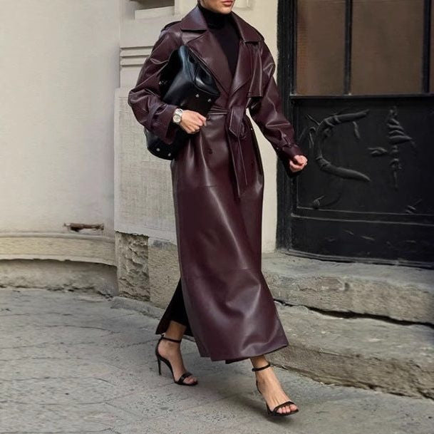 Leather-Look Maxi Trench Coat with Structured Collar and Belt