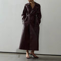 Leather-Look Maxi Trench Coat with Structured Collar and Belt - Dark Red