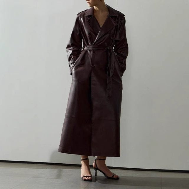 Leather-Look Maxi Trench Coat with Structured Collar and Belt - Dark Red