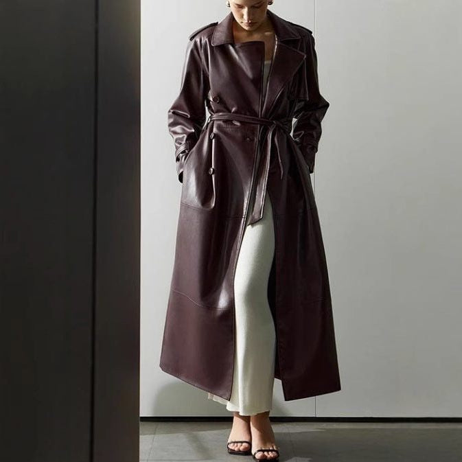 Leather-Look Maxi Trench Coat with Structured Collar and Belt