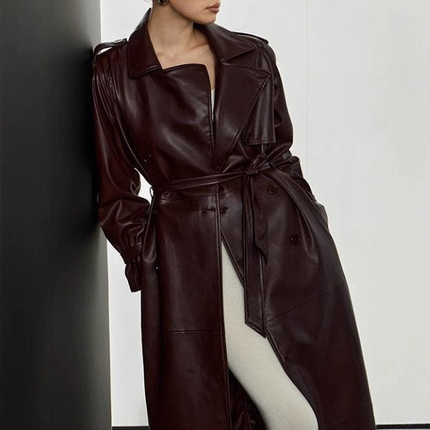 Leather-Look Maxi Trench Coat with Structured Collar and Belt