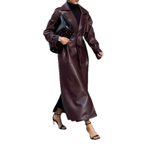Leather-Look Maxi Trench Coat with Structured Collar and Belt