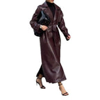 Leather-Look Maxi Trench Coat with Structured Collar and Belt