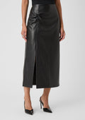 Leather-Look Midi Skirt with Front Split and Straight Cut - Black