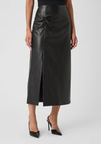 Leather-Look Midi Skirt with Front Split and Straight Cut - Black