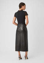 Leather-Look Midi Skirt with Front Split and Straight Cut