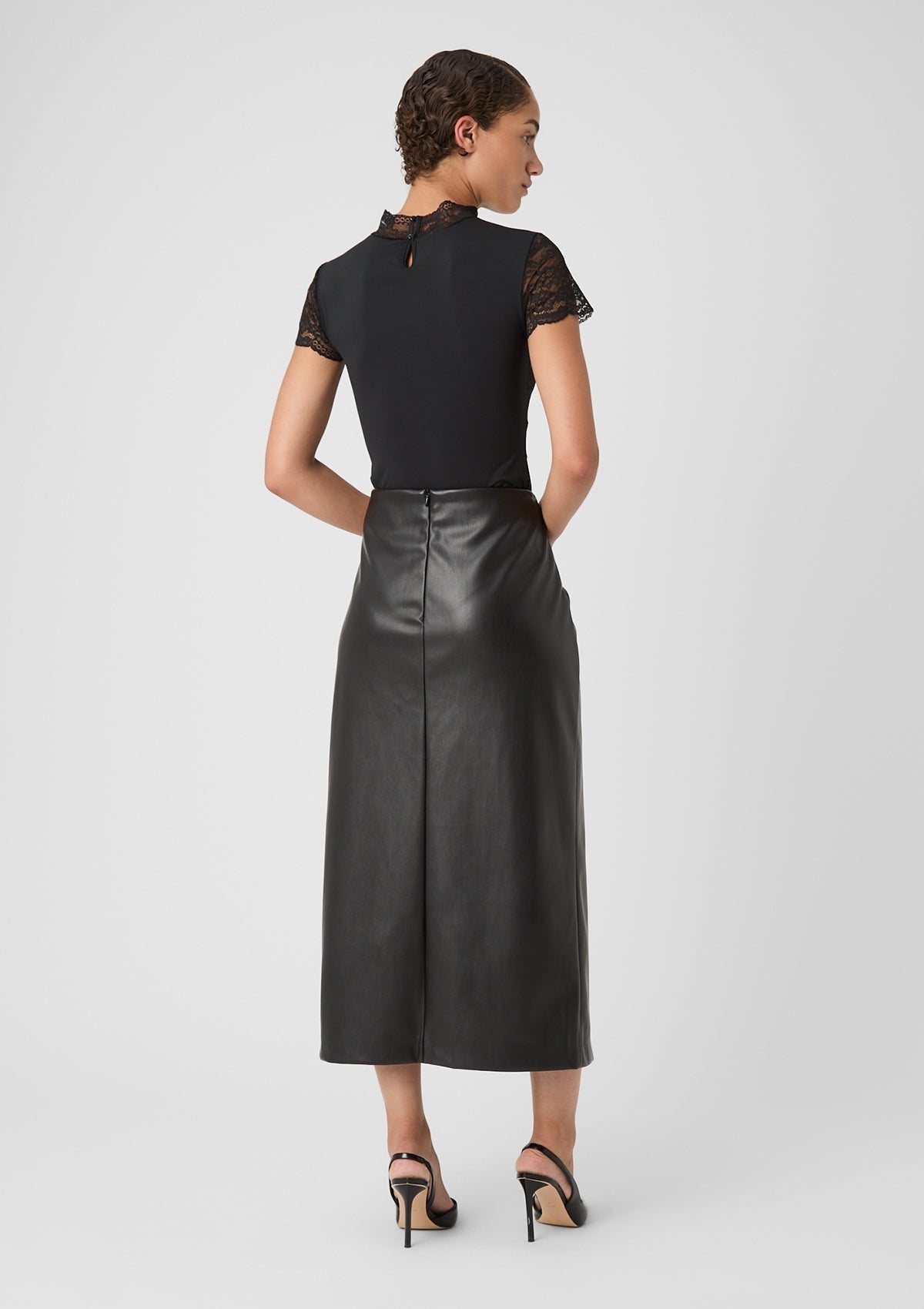 Leather-Look Midi Skirt with Front Split and Straight Cut