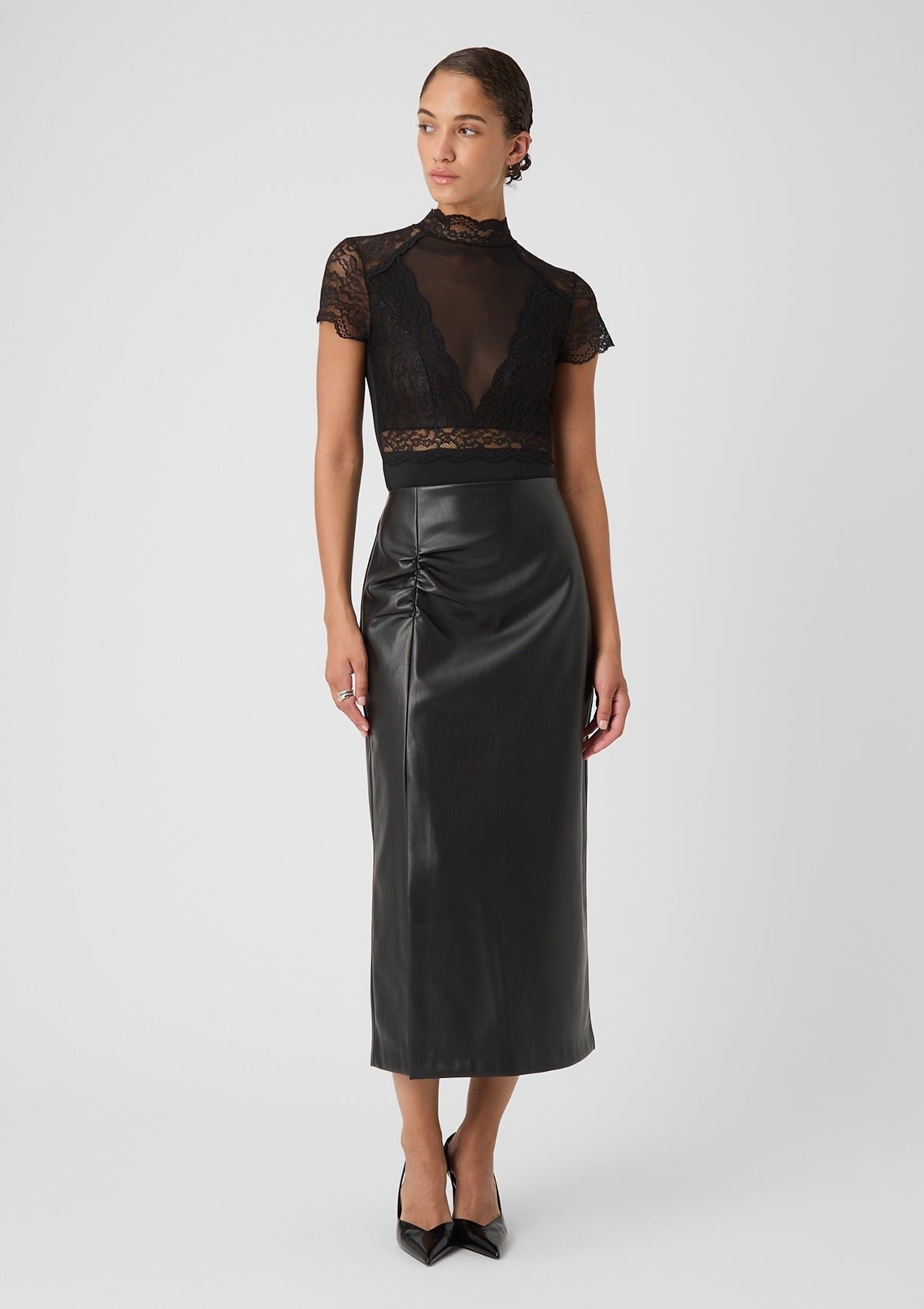 Leather-Look Midi Skirt with Front Split and Straight Cut