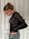 Long Sleeve Lace Top with Sheer Finish and Round Neck - Black