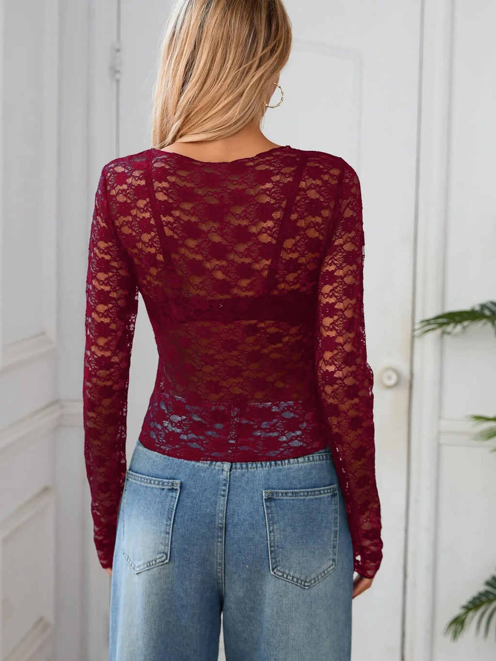 Long Sleeve Lace Top with Sheer Finish and Round Neck