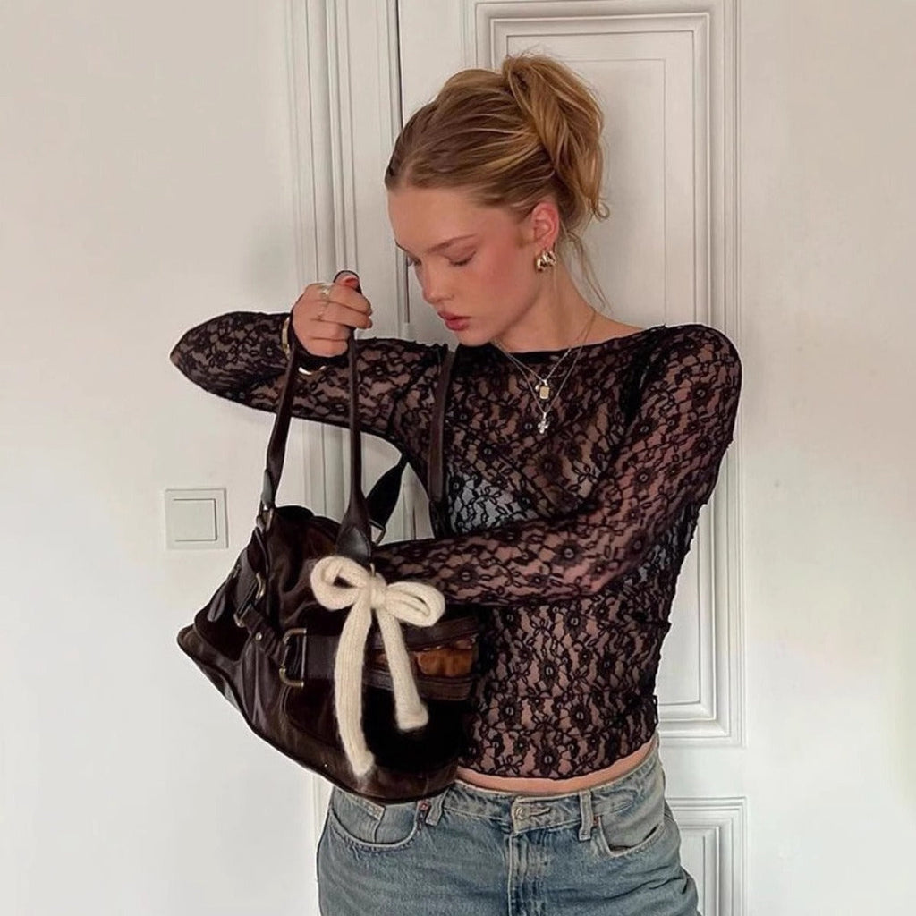 Long Sleeve Lace Top with Sheer Finish and Round Neck