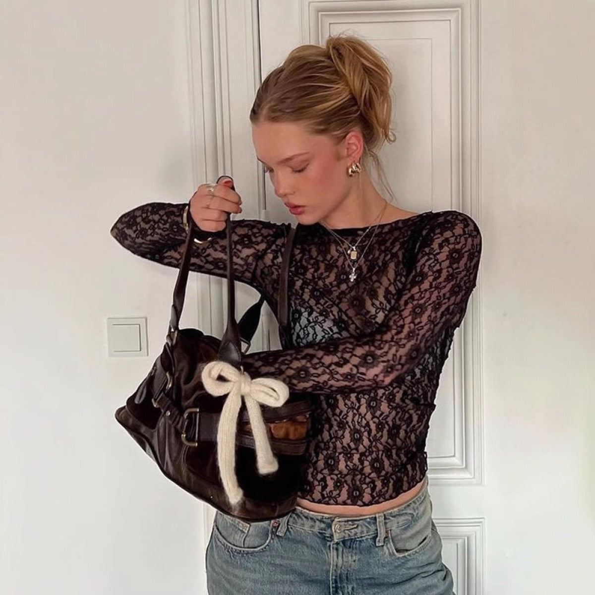 Long Sleeve Lace Top with Sheer Finish and Round Neck