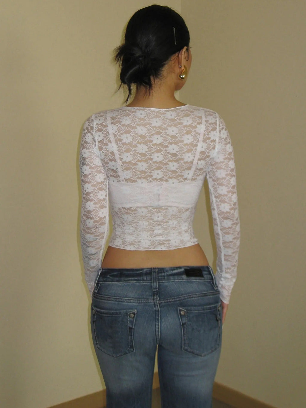 Long Sleeve Lace Top with Sheer Finish and Round Neck