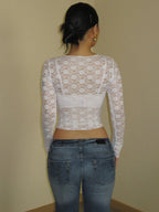 Long Sleeve Lace Top with Sheer Finish and Round Neck