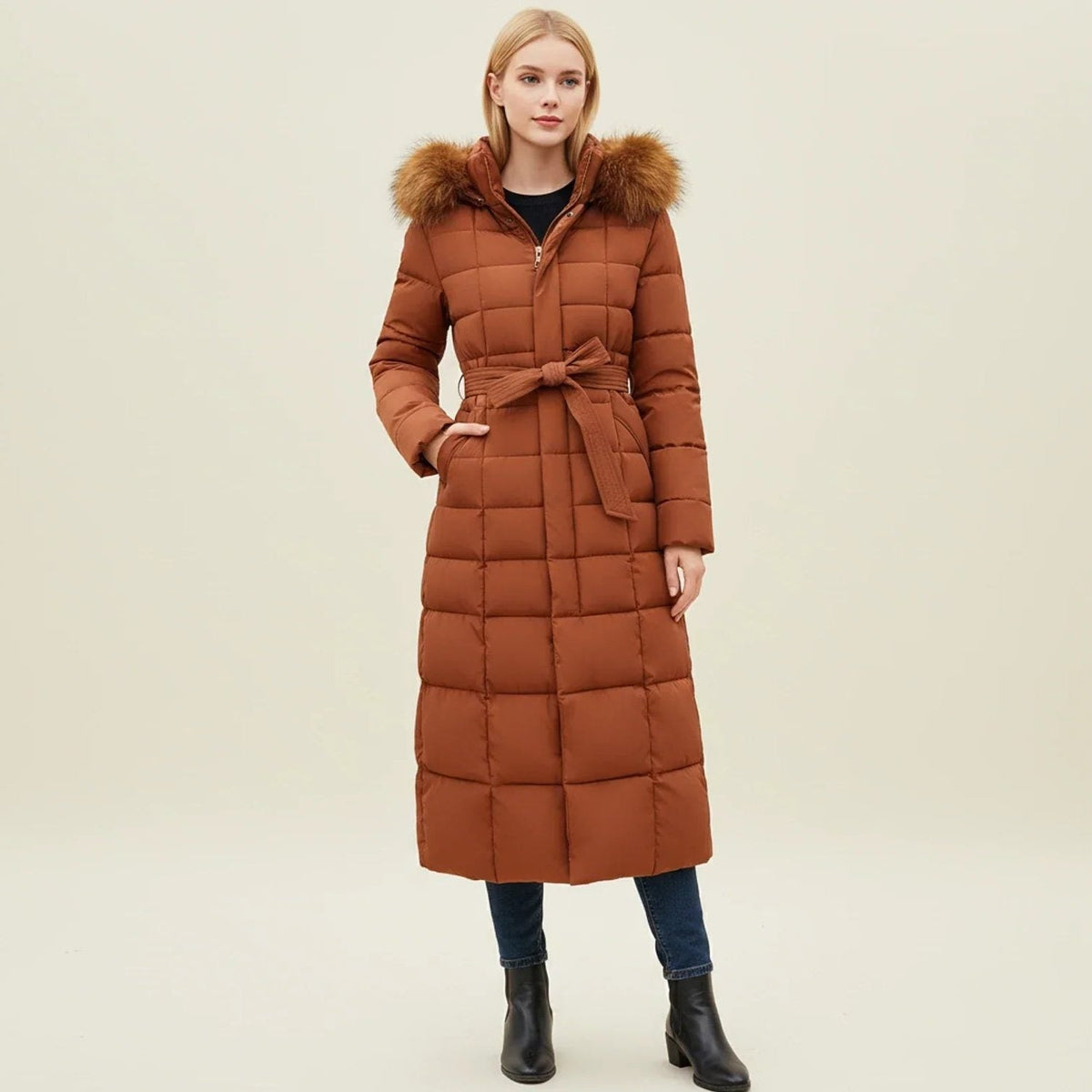 Longline Quilted Puffer Coat with Faux Fur Hood and Belt - Caramel