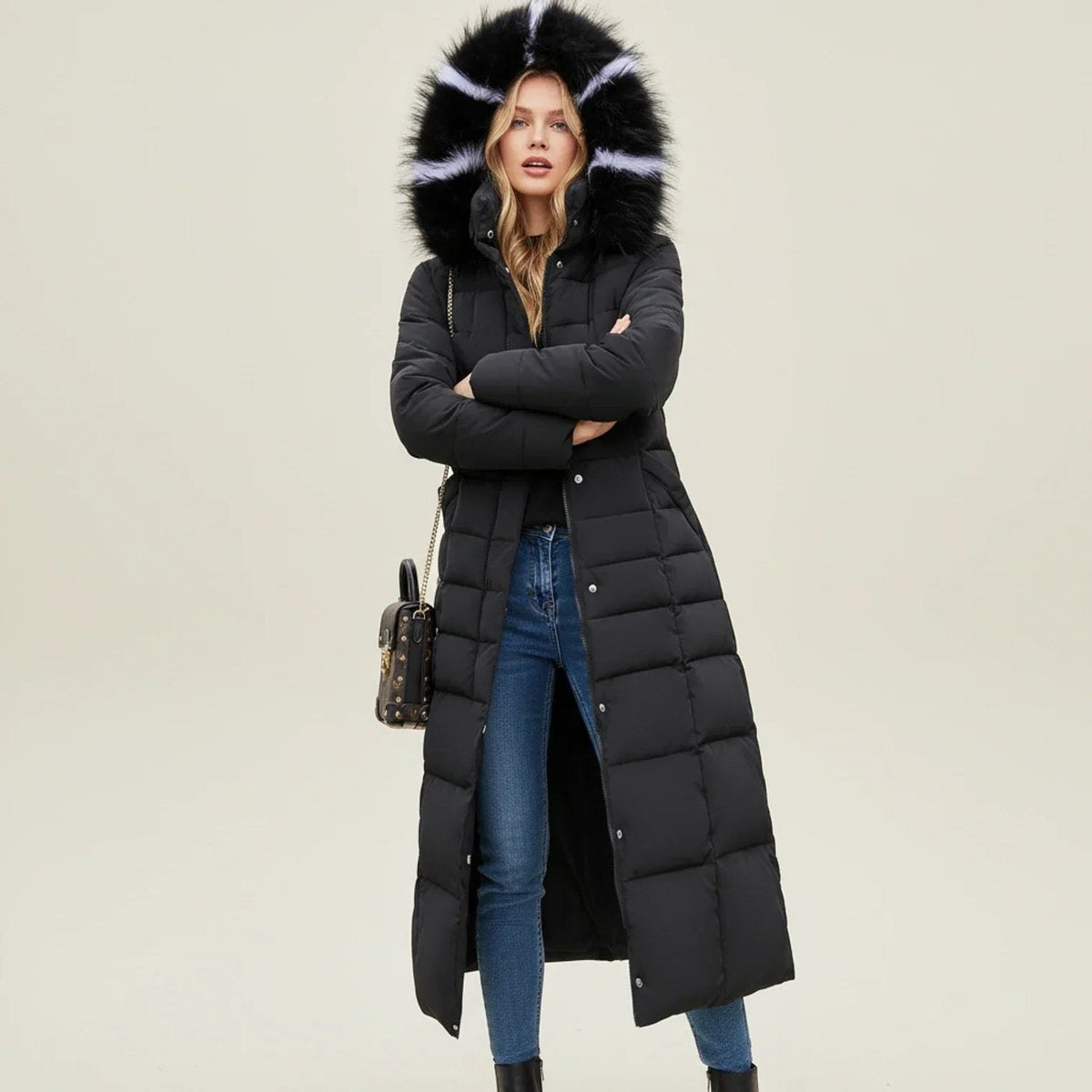 Longline Quilted Puffer Coat with Faux Fur Hood and Belt - Black