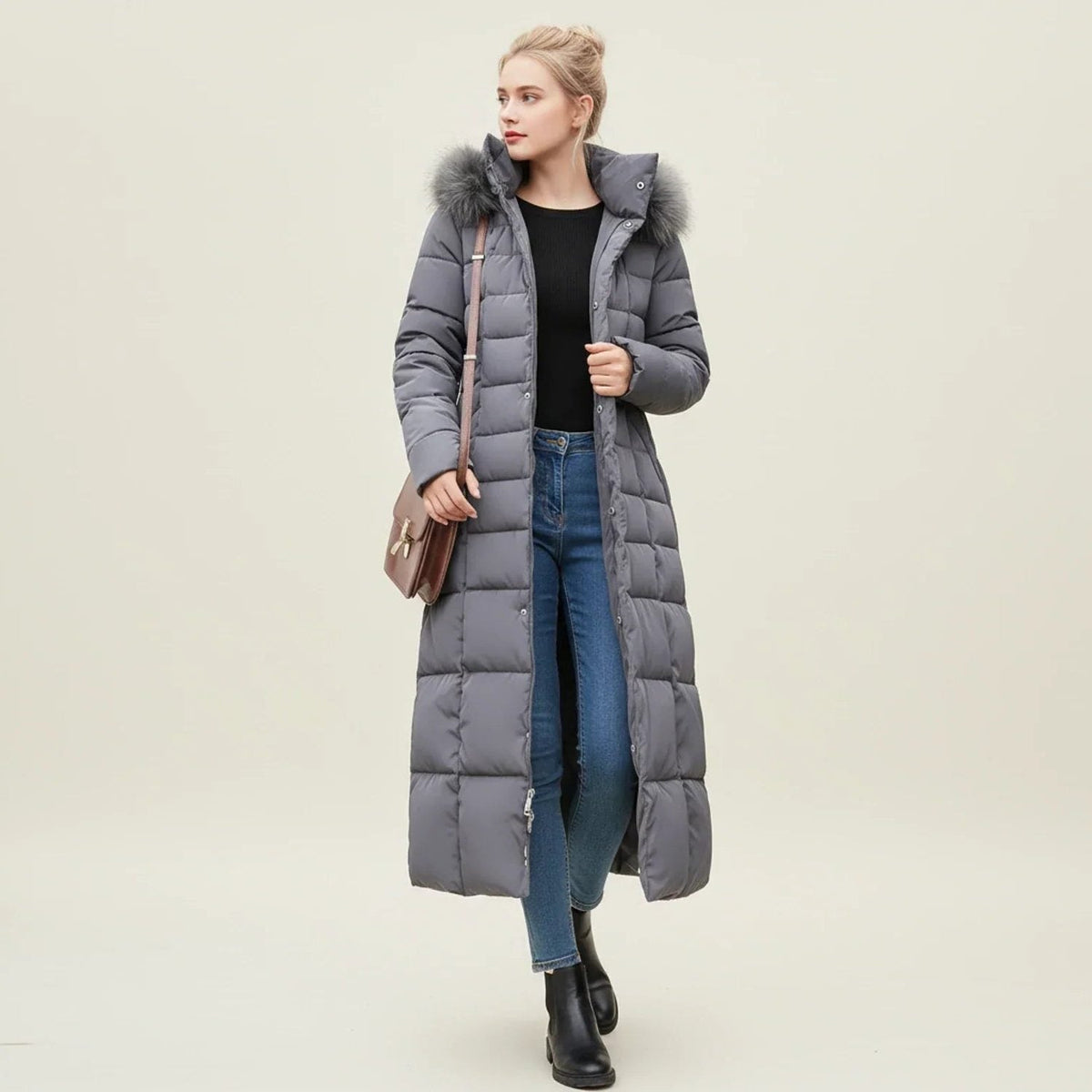 Longline Quilted Puffer Coat with Faux Fur Hood and Belt - Dark Grey