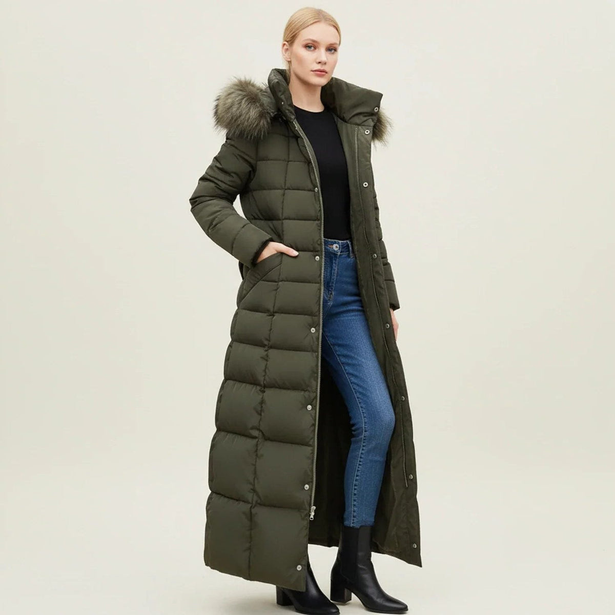 Longline Quilted Puffer Coat with Faux Fur Hood and Belt - Army Green