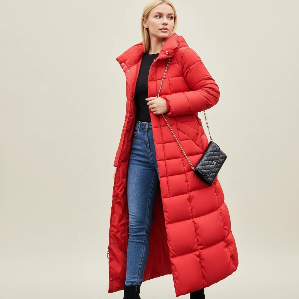Longline Quilted Puffer Coat with Faux Fur Hood and Belt - Red