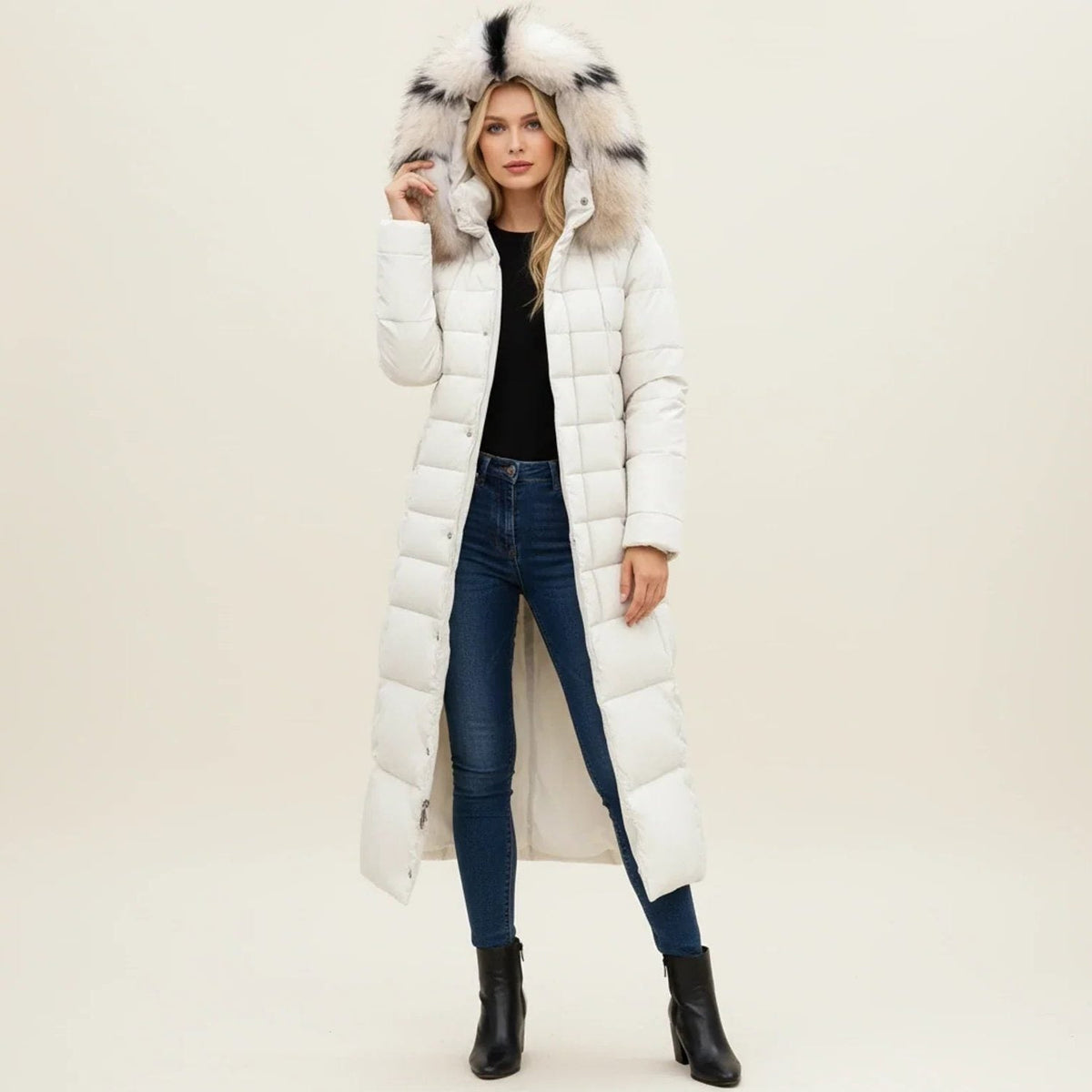 Longline Quilted Puffer Coat with Faux Fur Hood and Belt - Off White