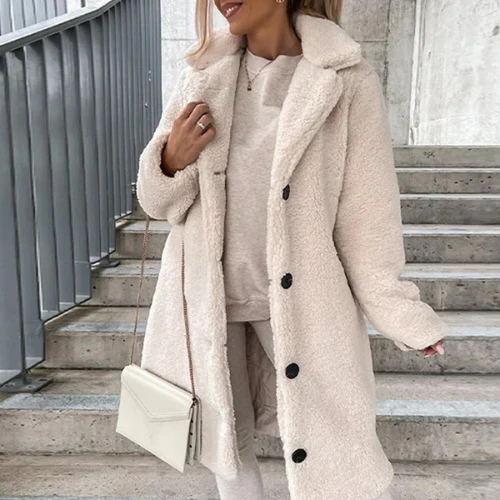 Longline Teddy Coat with Notched Collar and Button Front - White