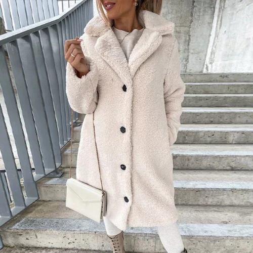 Longline Teddy Coat with Notched Collar and Button Front