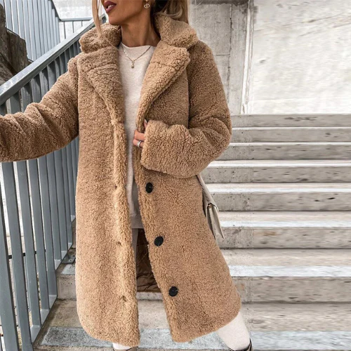 Longline Teddy Coat with Notched Collar and Button Front - Khaki