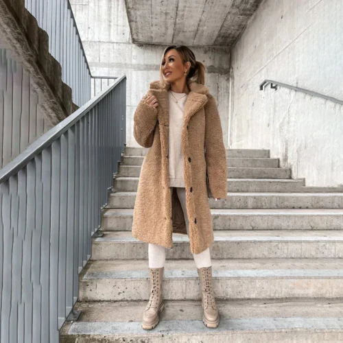 Longline Teddy Coat with Notched Collar and Button Front
