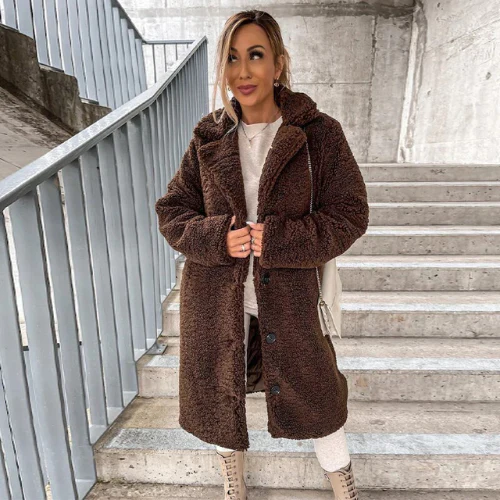 Longline Teddy Coat with Notched Collar and Button Front - Coffee