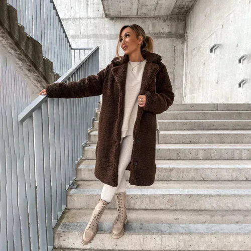 Longline Teddy Coat with Notched Collar and Button Front